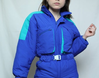 BRUGI ski suit blue winter jumpsuit, Vintage colorblock one piece overalls