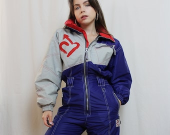 One piece ski suit vintage from the 90's, Dark blue winter jumpsuit with color block details