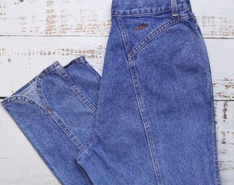 Vaqueros estilo años 80 CHIC sin espalda, talla 28, denim azul medio, pierna cónica