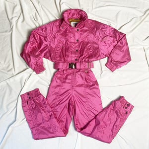 Flashy DESCENTE ski suit, Hot pink winter jumpsuit women's Vintage size Small