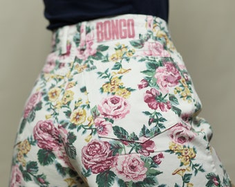 short BONGO vintage, short en jean imprimé fleuri taille 26