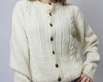 Suéter de punto trenzado, cárdigan vintage de lana color crema, tejido a mano