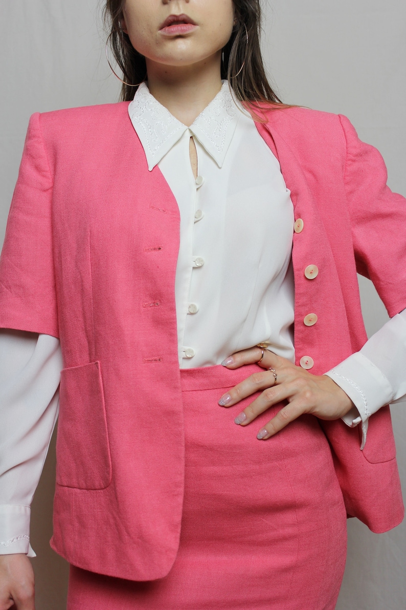 Pink linen skirt suit, Vintage jacket and midi skirt from 1980s size Small image 4