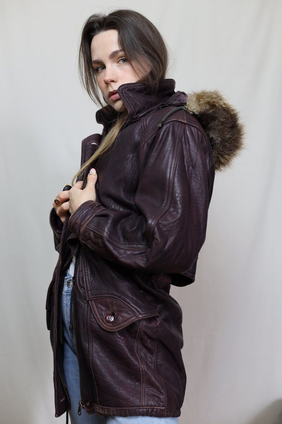 Vintage long leather jacket, 90s Oversize plum pur