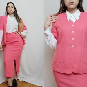 Pink linen skirt suit, Vintage jacket and midi skirt from 1980s size Small image 2