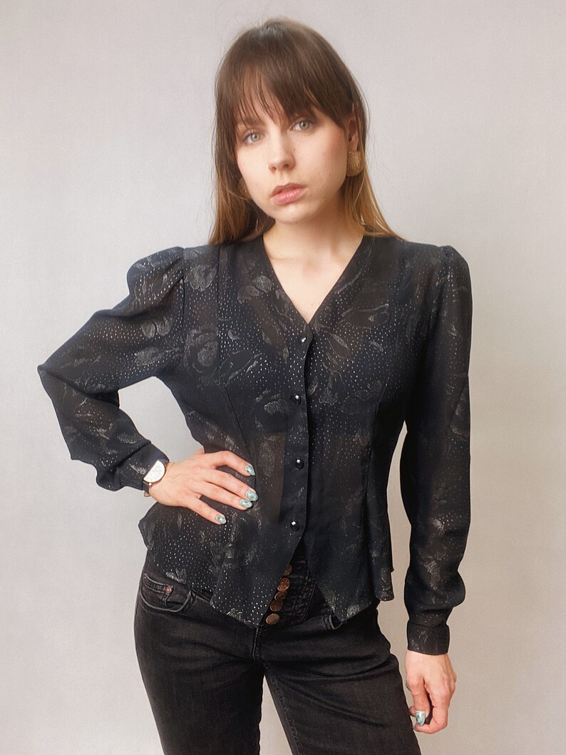 Black Shirt for Women With Floral Pattern Vintage 1980's Etsy