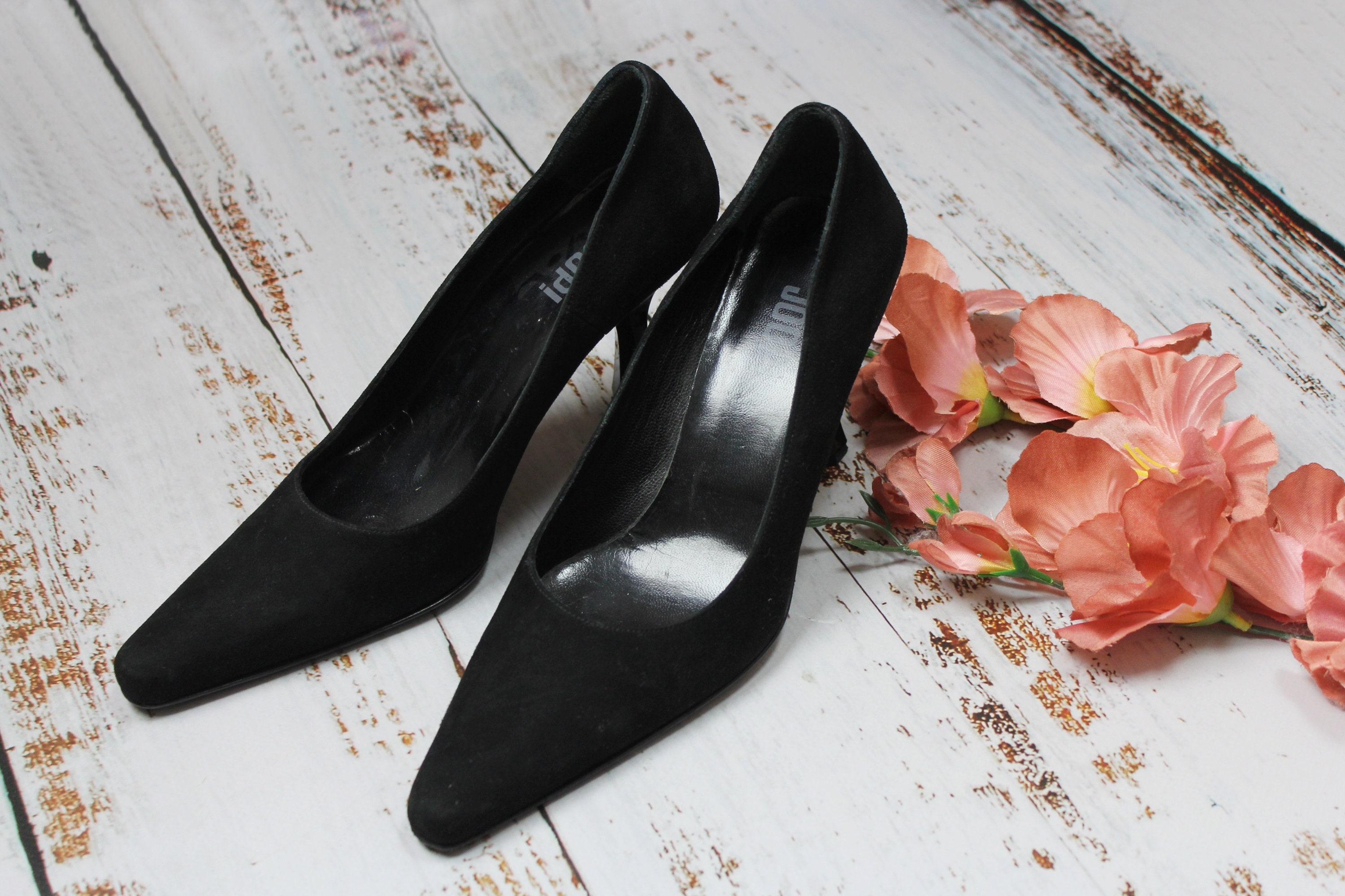 Vintage Joop! suede point toe pumps, Black leather high heel shoes 