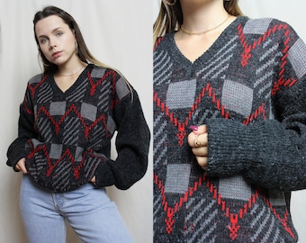 Vintage men's sweater graphite gray and red, 90s thick pullover with squares, size Large