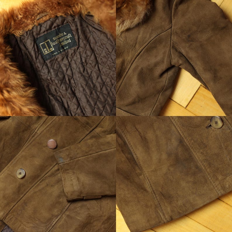 May include: Brown suede jacket with a fur collar and button closure. The jacket has a quilted lining and a label that reads "suede & leathercraft limited". The jacket is a vintage style.