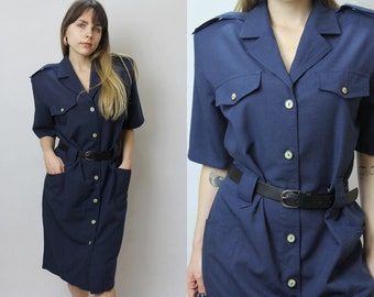 Vintage shirtdress size Large, Midi dress in dark blue color