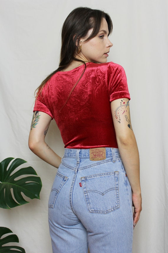 Vintage velvet bodysuit, Red bodysuit with pattern Gem