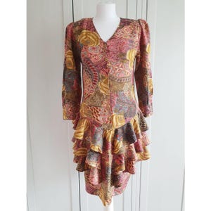 70s/80s Colorful drop waist dress with flounces, Retro frilled dress