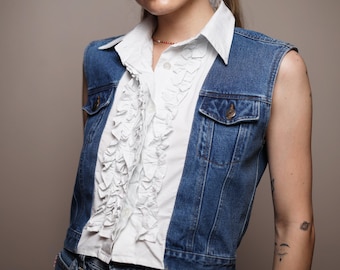 Upcycled denim vest with ruffled front and collar, Mid blue jean waistcoat