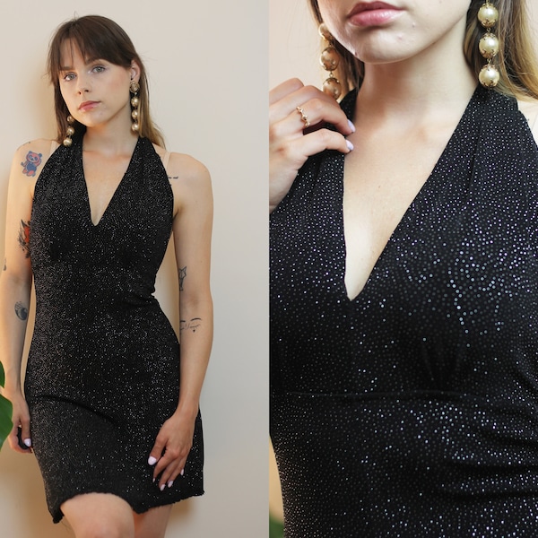 Vintage halter neckline dress black, Sleeveless mini short dress