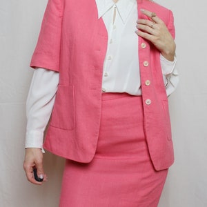 Pink linen skirt suit, Vintage jacket and midi skirt from 1980s size Small image 10