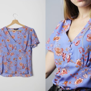 Vintage hippie floral top, Summer pleated blouse