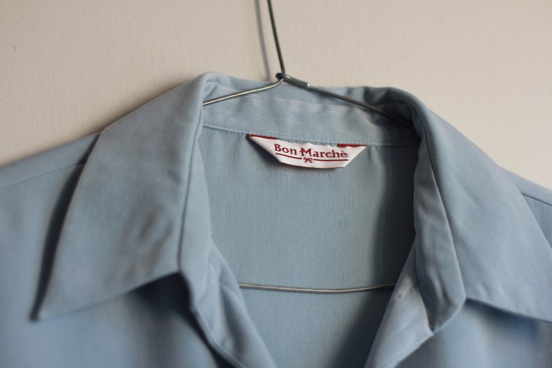 Vintage 80s blouse in baby blue color for women *** Retro button down shirt from 1980s with plan look *** Large size
