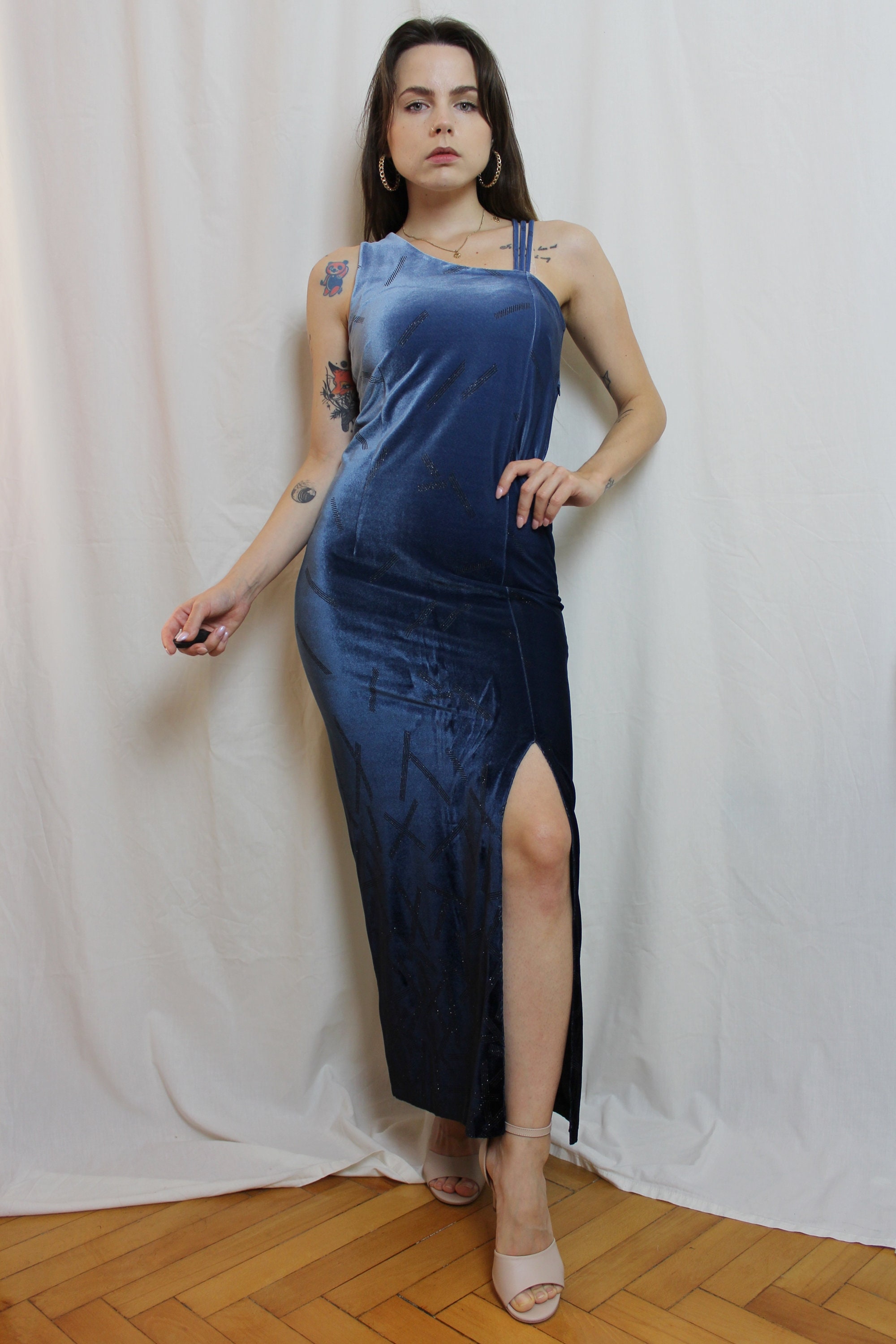 green emerald velvet dress 1990s Blue Velvet Evening Dress