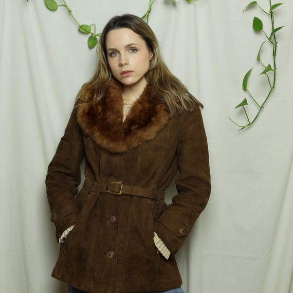 1970s Big fur collar sheepskin jacket coat, Brown genuine leather short coat