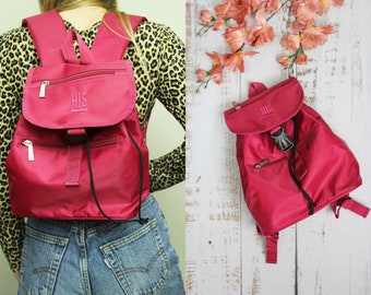 Raspberry pink color backpack, Cute vintage H.I.S backpack