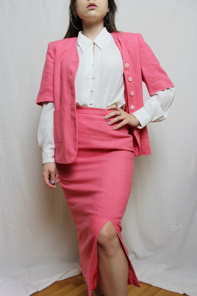 Pink linen skirt suit, Vintage jacket and midi skirt from 1980s size Small image 9