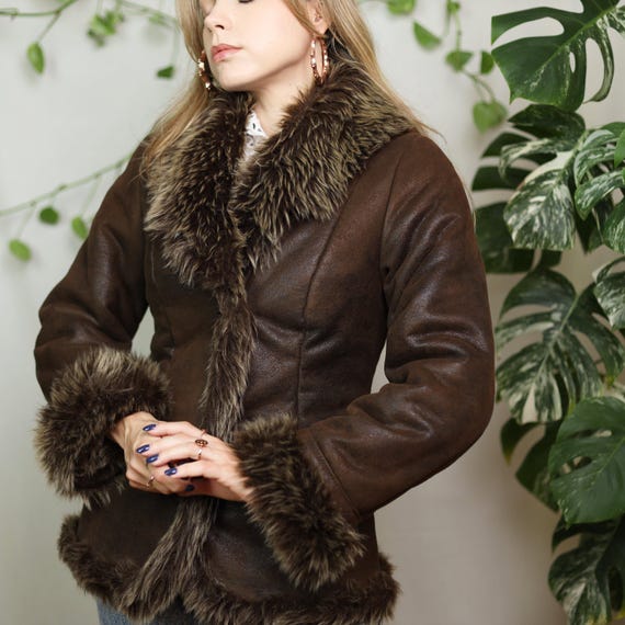 Faux fur collar jacket, Faux leather short coat with dramatic faux fur trim, Penny Lane style