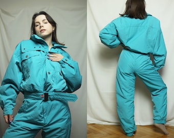 1990s Two piece ski suit ELHO, Vintage turquoise blue winter jacket and pants