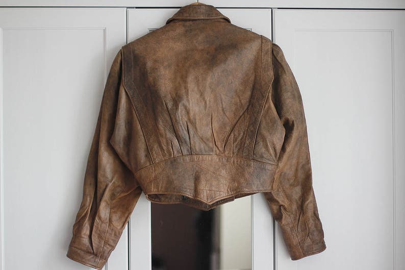 Retro 80s biker short jacket for women size Medium Large Vintage genuine leather jacket