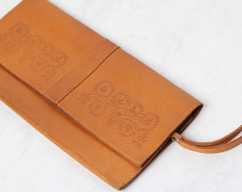 Genuine leather clutch bag, Folk camel brown purse