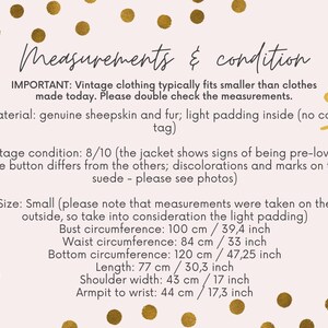 May include: Measurements and condition details on a pink background with gold polka dots and swirls. Text includes material, size, and measurements in inches and centimeters. The vintage jacket is small, with a bust circumference of 39.4 inches.