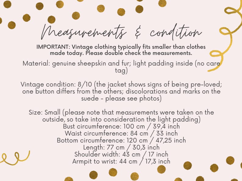 May include: Measurements and condition details on a pink background with gold polka dots and swirls. Text includes material, size, and measurements in inches and centimeters. The vintage jacket is small, with a bust circumference of 39.4 inches.