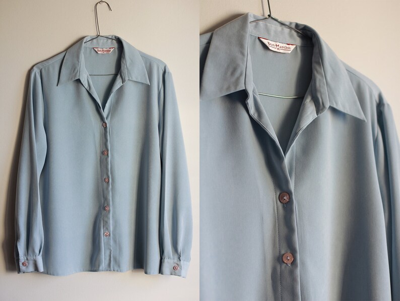 Vintage 80s blouse in baby blue color for women *** Retro button down shirt from 1980s with plan look *** Large size