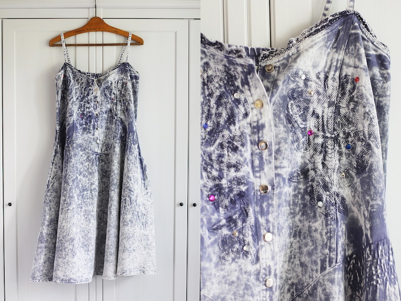 Vintage oversize jean dress size Small 1990/'s Acid wash denim dress