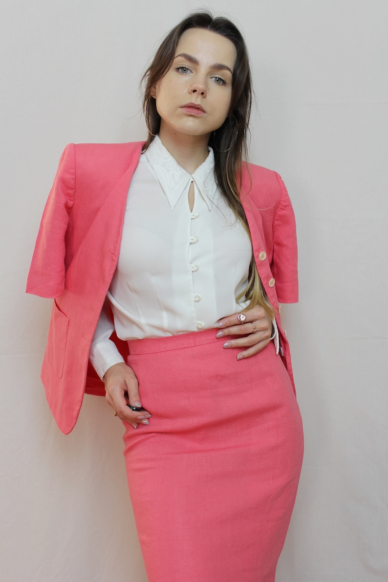Pink linen skirt suit, Vintage jacket and midi skirt from 1980s size Small image 6