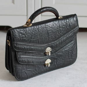 1970s double flap top handle bag, Vintage black leather handbag with double closure