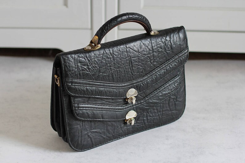 1970's Top Handle Bag Vintage Black Leather Handbag Etsy