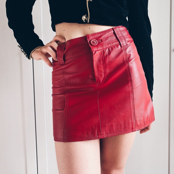 Vintage mini leather skirt Retro minimalist red skirt SMALL | Etsy
