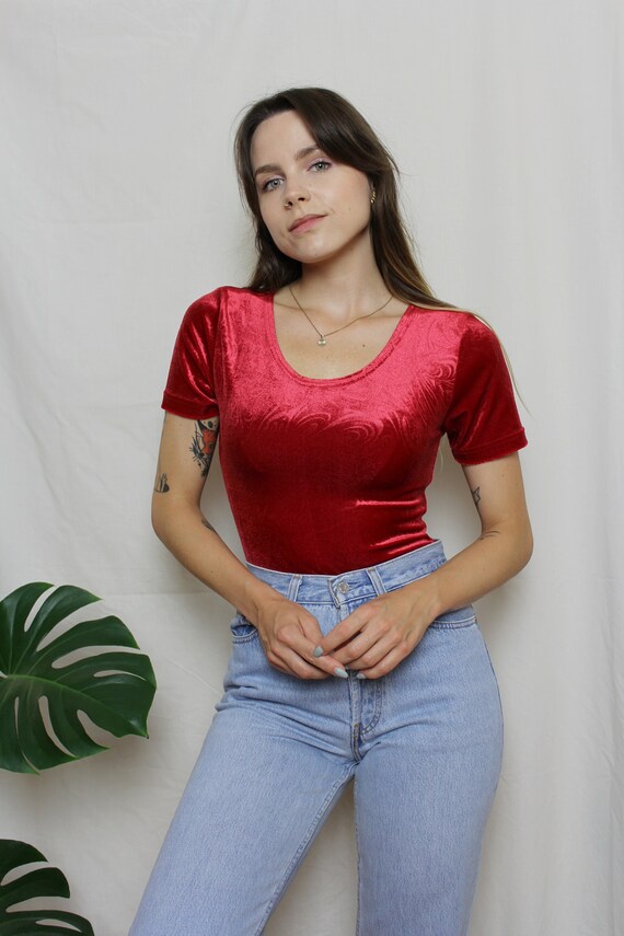 Vintage velvet bodysuit, Red bodysuit with pattern Gem