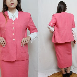 Pink linen skirt suit, Vintage jacket and midi skirt from 1980s size Small image 7