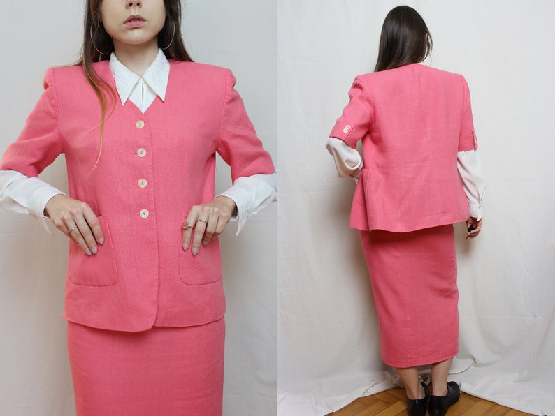 Pink linen skirt suit, Vintage jacket and midi skirt from 1980s size Small image 7