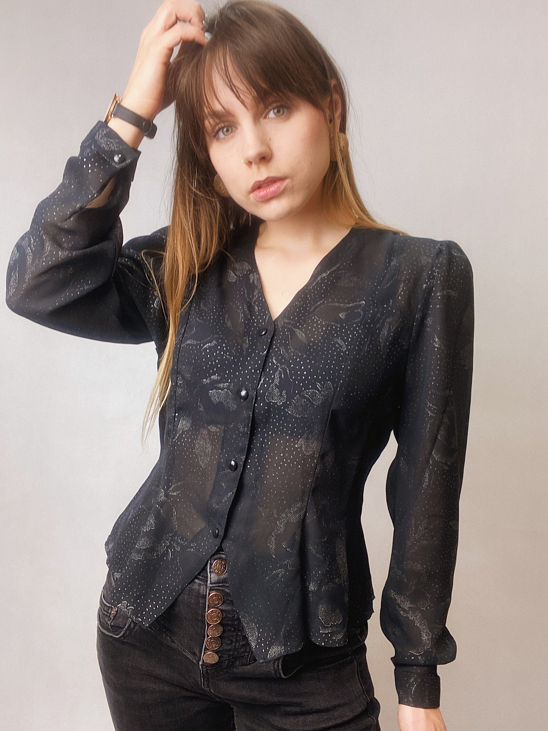 Black Shirt for Women With Floral Pattern Vintage 1980's Etsy