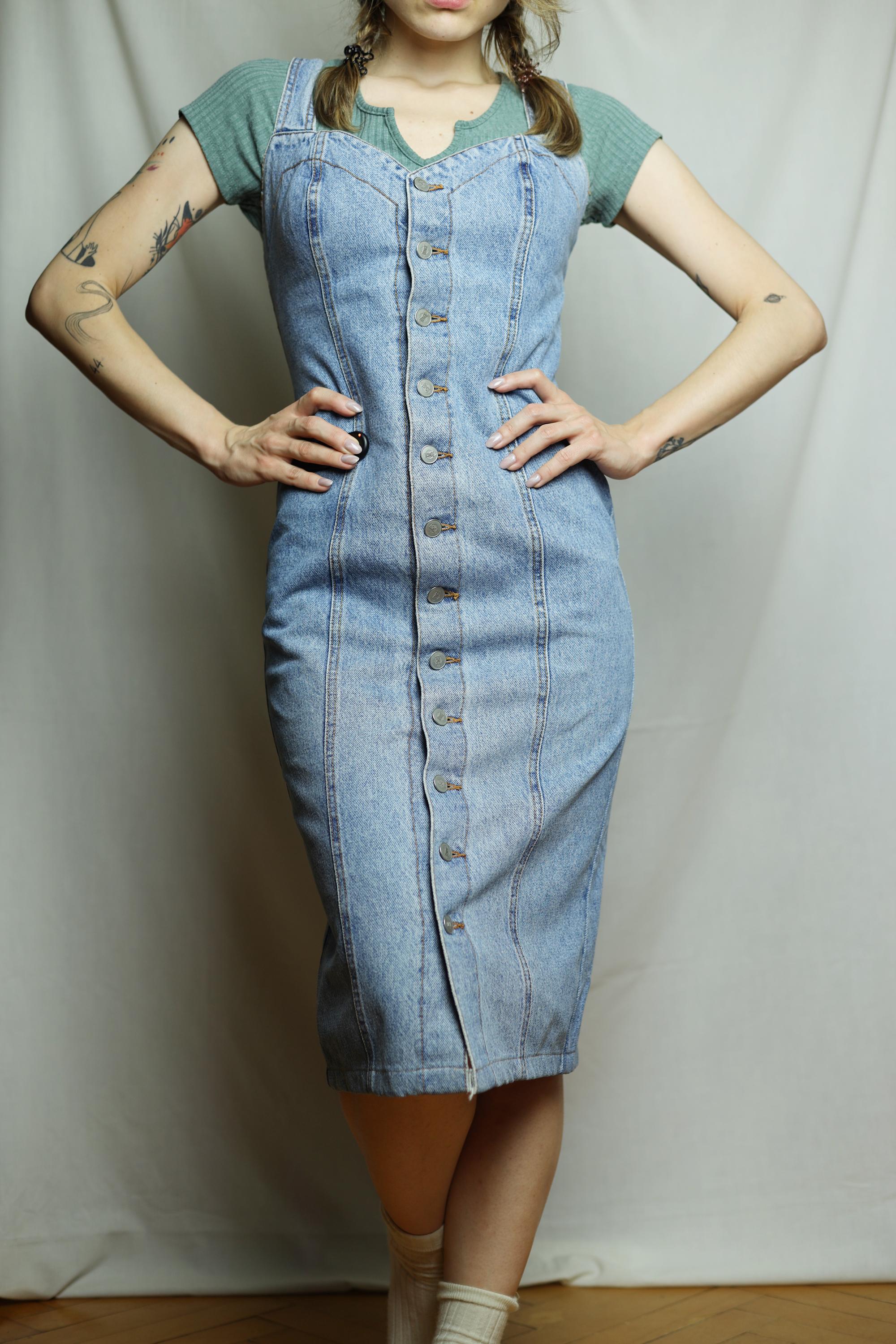 Bongo Bodycon Denim Dress, 90s Sleeveless Button Down Dress