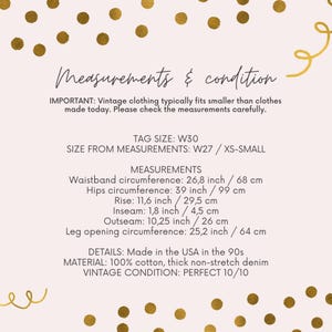 Puede incluir: Medidas para un par de jeans vintage en talla W30, con una etiqueta de talla W27. Los jeans est&aacute;n hechos de 100% algod&oacute;n y est&aacute;n en perfecto estado. Las medidas se indican en pulgadas y cent&iacute;metros.