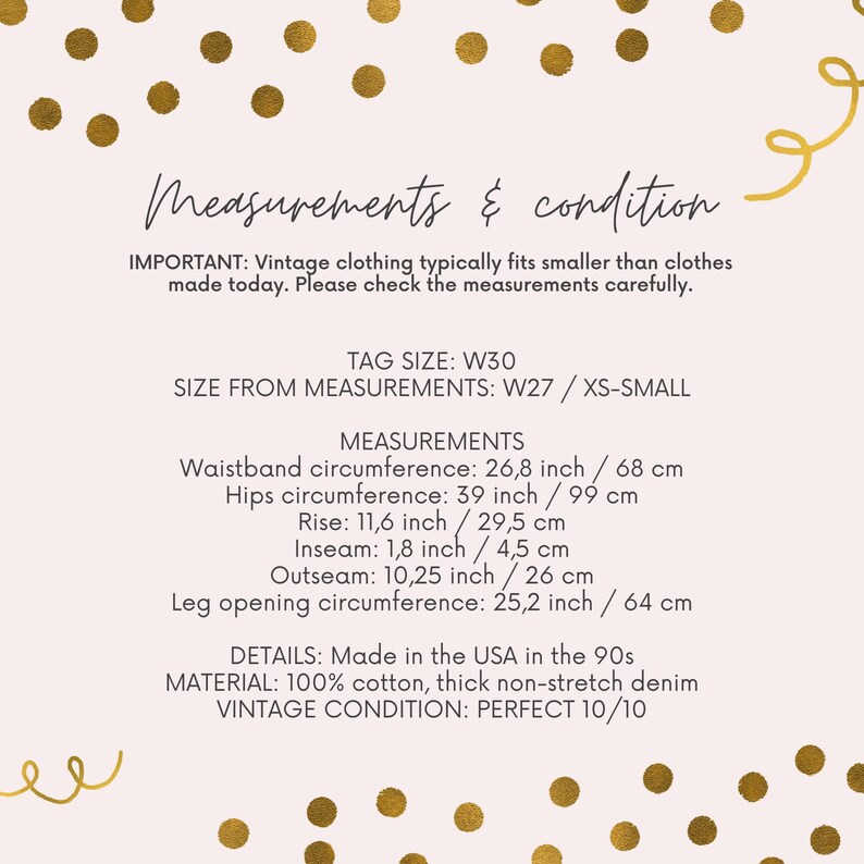 Puede incluir: Medidas para un par de jeans vintage en talla W30, con una etiqueta de talla W27. Los jeans est&aacute;n hechos de 100% algod&oacute;n y est&aacute;n en perfecto estado. Las medidas se indican en pulgadas y cent&iacute;metros.