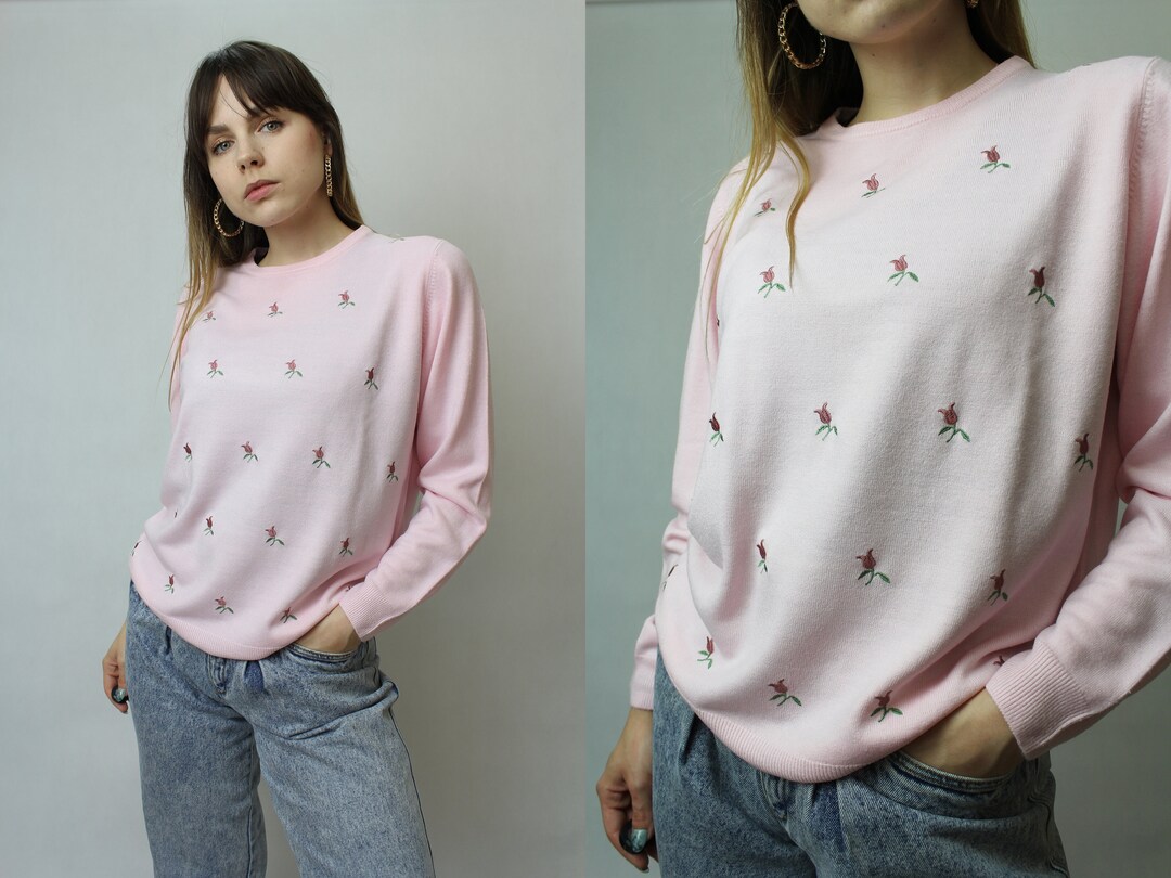 Vintage Rose Embroidery Sweater 90's Baby Pink Pullover Etsy