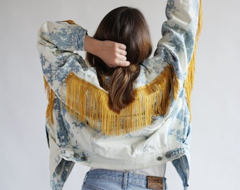 FRINGE denim jacket embellished, Bleached upcycled jean jacket