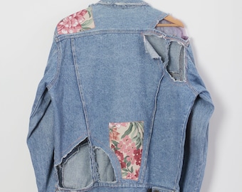 Mesh denim jacket floral print, Upcycled oversized blue jean jacket