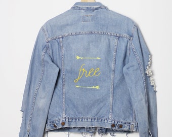 Embroidered Levi's denim jacket, Distressed boho jean jacket