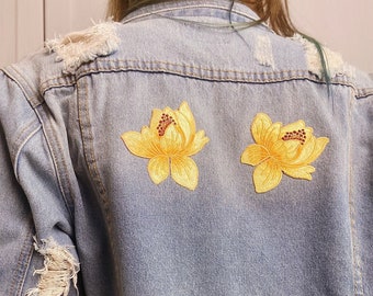 Denim jacket with flower patches, Distressed jean jacket