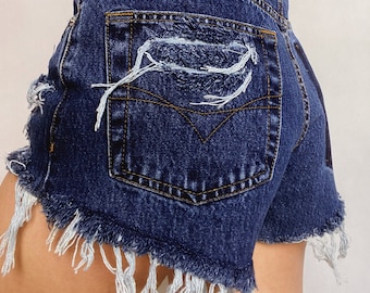 Heavy ripped denim shorts with frayed legs, High rise cut offs from vintage mom jeans, Size W30